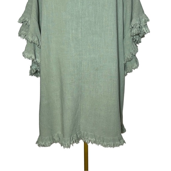 Umgee Boho Linen Blend Long Green Tunic Top w/ Fringed & Tiered Elbow Sleeves XL - Picture 9 of 12